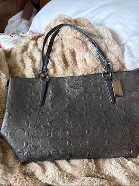 Coach Metallic Pewter Embossed Signature Tote